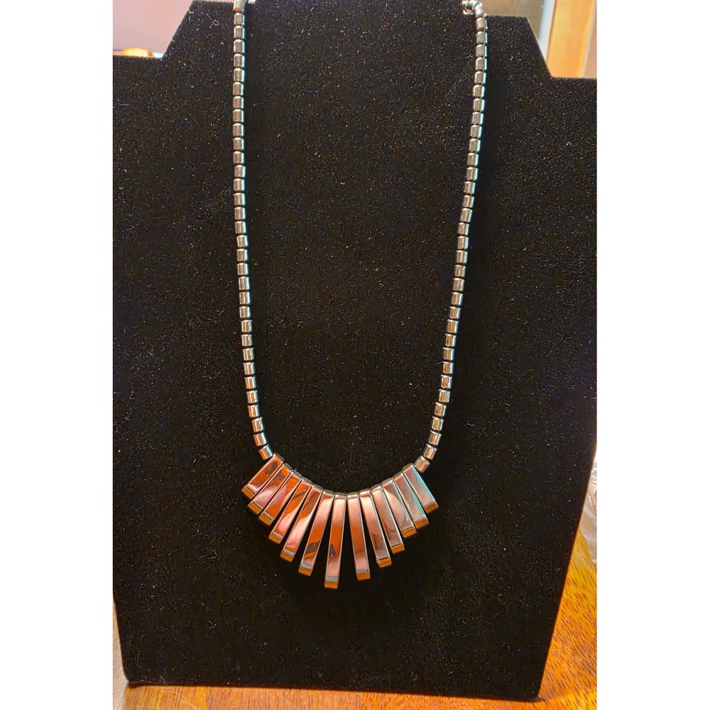 Vintage Hematite Bead Necklace Mod Fan Fringe Bar Pendant Gunmetal Gray 18 Inch